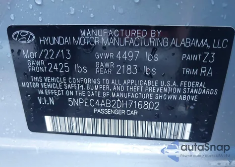 2013 Hyundai Sonata Limited 2.0T from USA, damaged, VIN 5NPEC4AB2DH716802